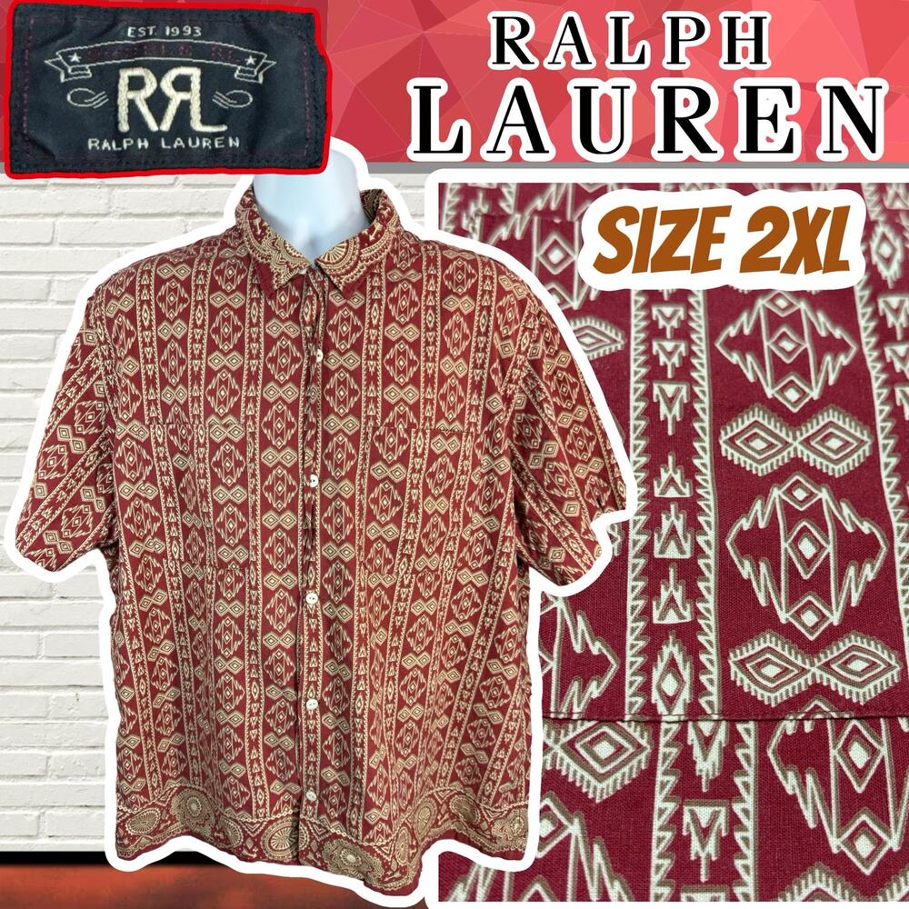 RRL Double RL Western Allover Pattern Short Sleeve Shirt 2XL Ralph Lauren Red